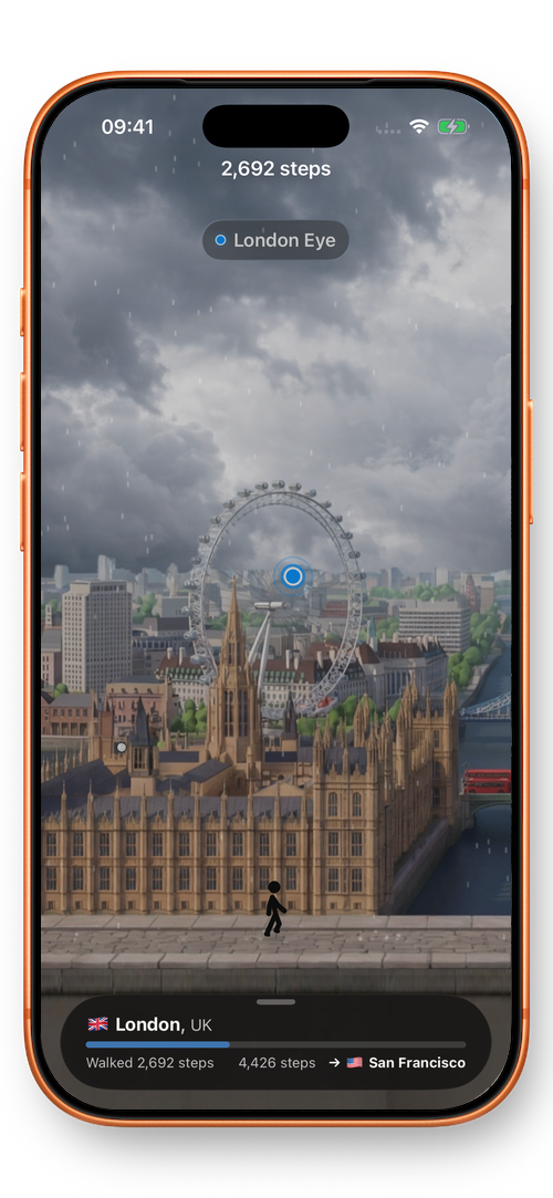 Walker showing London in the rain, with the London Eye