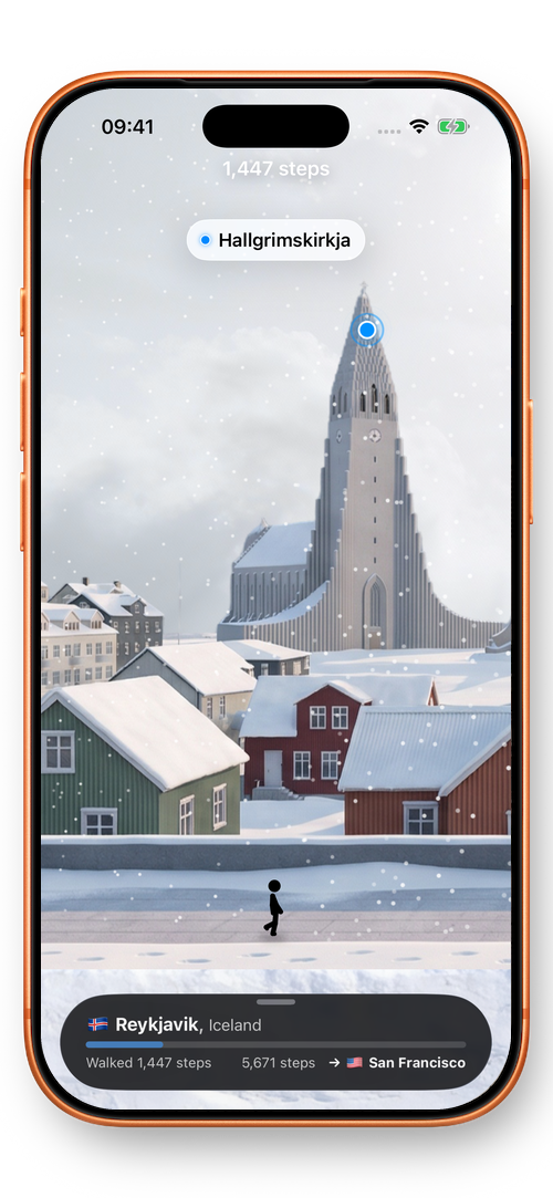 Walker showing Reykjavik under snow, with Hallgrímskirkja